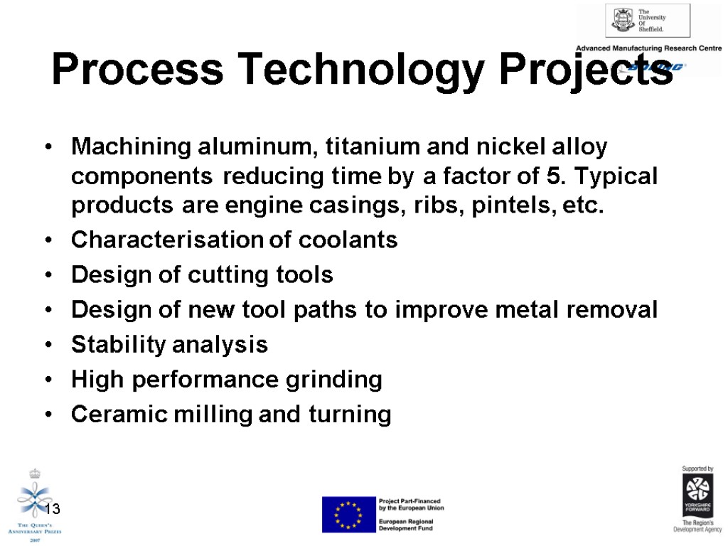 13 Process Technology Projects Machining aluminum, titanium and nickel alloy components reducing time by